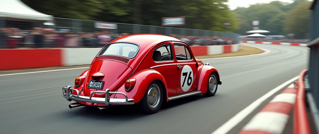 an old Beetle model car, cherry red color,  with the number 76 on the gate and a youtube banner on a race track

needs to have a youtube banner on the track 


