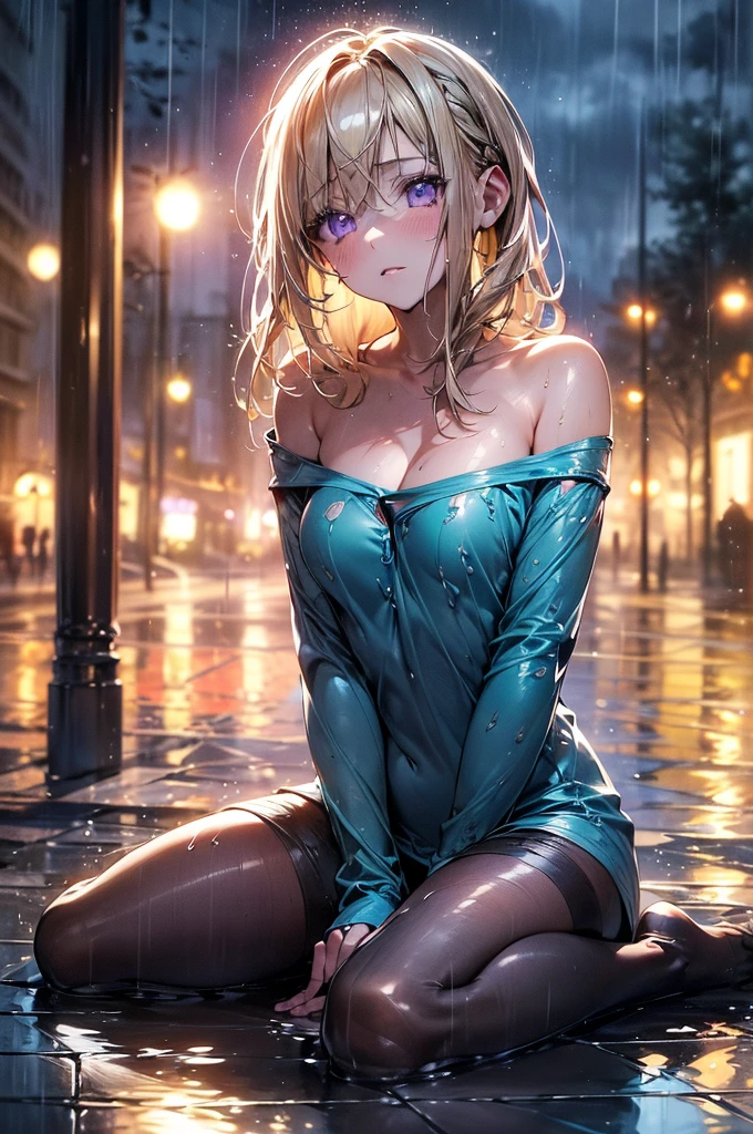 (master quality, amazing detail, amazing eyes), 1girl, out at night in the pouring rain wearing nothing but her pyjama top, the pyjama top is coloured teal, teal colour clothing, teal top, extremely detailed purple eyes, depressed expression, extreme detail, various poses, short caramel blonde hair, 17-year-old, young woman, outside, very small B-cup breasts, lots of raindrops, heavy rain, (very short caramel blonde hair), cinematic lighting, masterpiece, best quality, (depth of field hdr 8k 4k wallpaper cinematic angle, cinematic lighting:1.5), (masterpiece, best quality:2.0), detailed clothing, modern-day, cotton fabric, sat of the ground, huddled, alone, soaking wet hair, sitting on the pavement, sitting on the ground, sat on the floor, alluring purple and gold eyes, ((purple eyes)), Detailed Iris, cotton or woollen fabric, dull wet pyjama top,