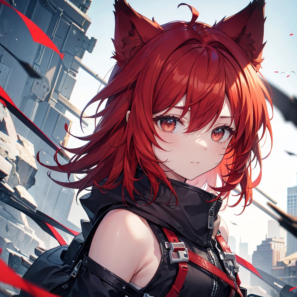 solo, Red hair, Medium Hair, Wolf Cut, Wolf Ears, Icon Style, juvenile