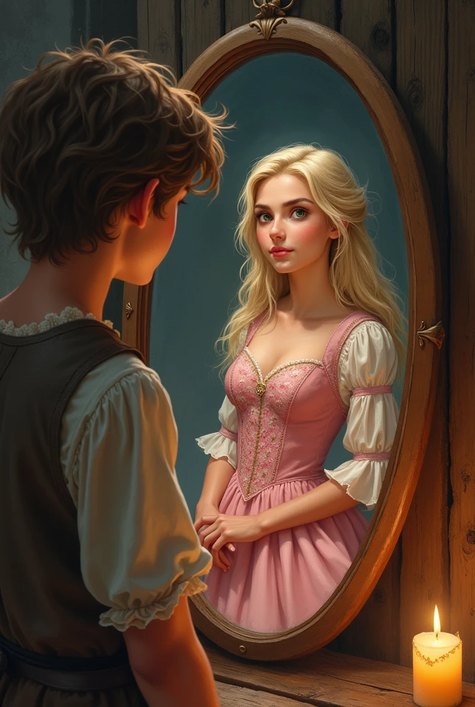 Create a 17-year-old boy from the medieval era dressed as a peasant looking at himself in the mirror reflecting his image in the mirror as a blonde princess wearing a pink dress..