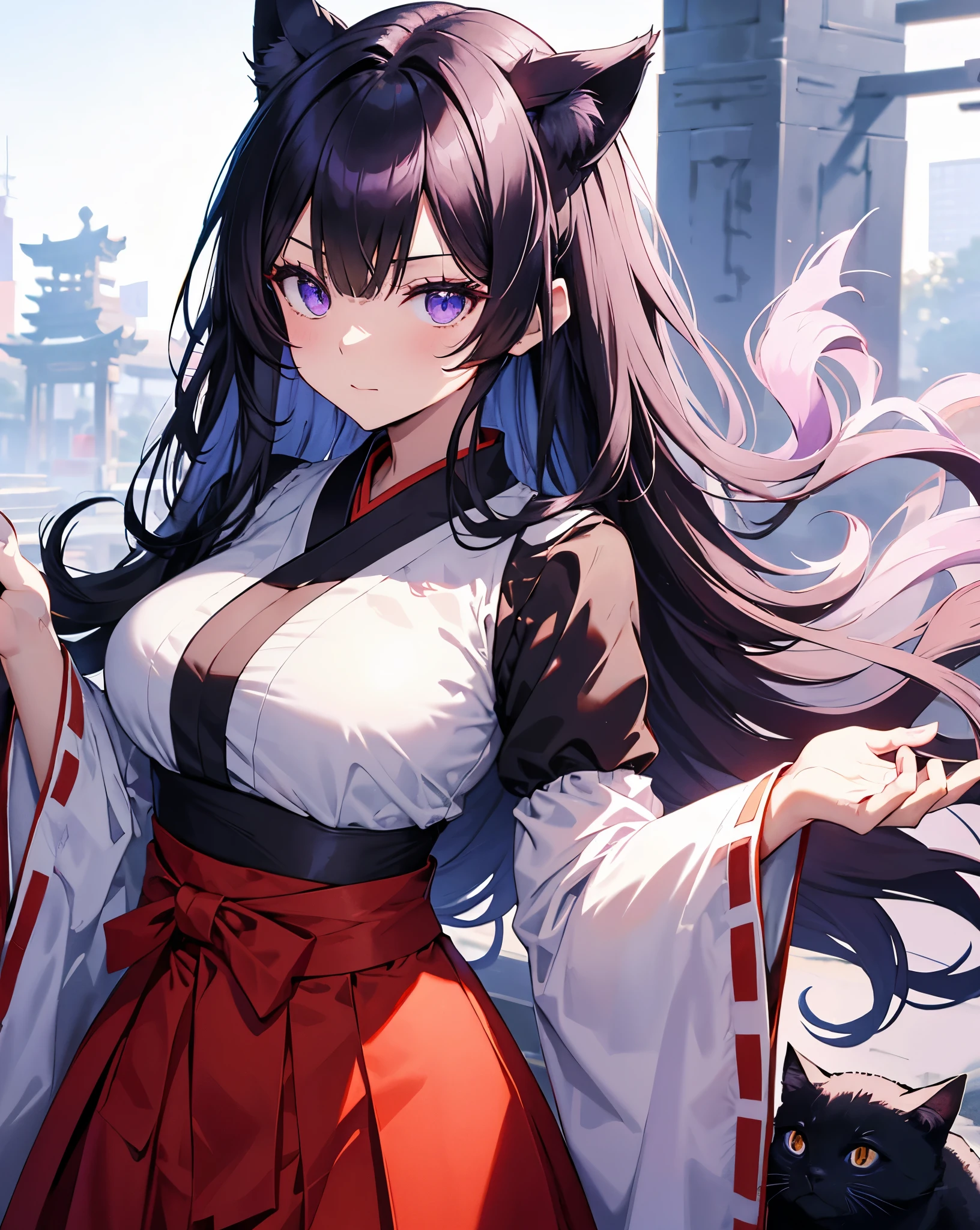Face shot, Eyes macro, 1 anime catgirl, black cat ears, neko ears, with long black hair tied back, Two small tufts of hair in front, wearing a traditional white blouse with voluminous sleeves and a high collar, paired with a long red skirt that has a bow at the waist. The character is in a standing pose and has an elegant and refined appearance. She has accent purple eyes, detailed anime eyes, she is the shrine priestess. She has a cat pose. red hakama and white kimono. Slim waist. She is in a shrine. Red high skirt.
