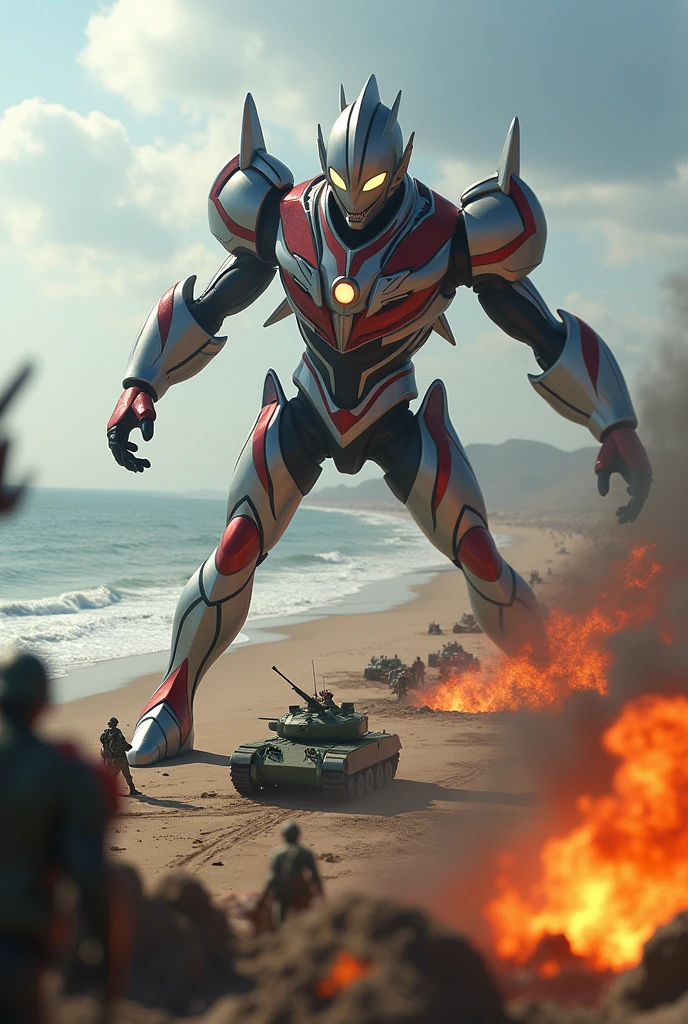 ultraman tiga very high attack at army . army day bomb . sea, beach . everywhere lot of soldier in battlefield.world war 2. tilt shift photography. lot of war. tank.aircraft 1940. air drop
