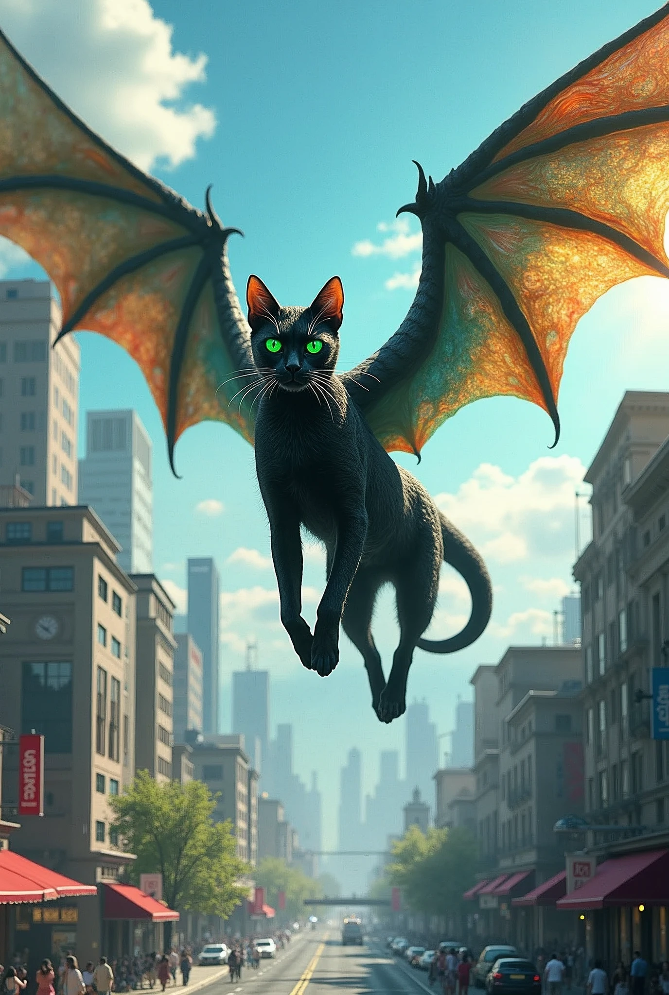 Black cat with dragon wings flying over a sunny city