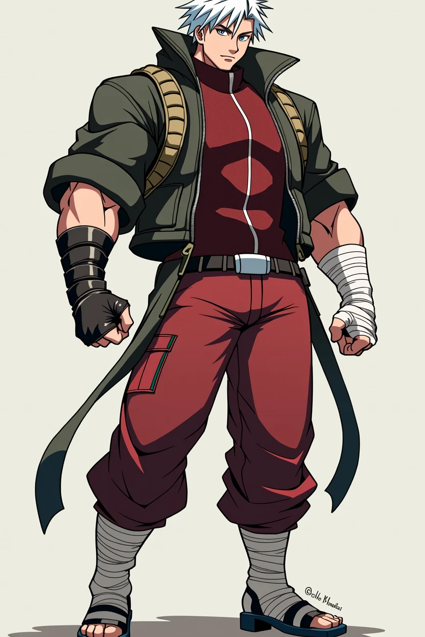 A dynamic illustration of Munashi Kurotani, a young yet imposing 15-year-old character standing at 203 cm with a muscular build. He has striking white hair and eyes that add to his intense presence. Munashi is dressed in a dark red, tight-fitting shirt made from special mesh fabric with a high collar and no sleeves, paired with slightly loose red combat pants. He wears dark-colored ninja sandals and a sturdy, zipped combat jacket over the shirt. His hands are wrapped in bandages, and both legs have hip pouches with additional bandages wrapped around them. Capture him in a reflective or intense training pose, showcasing his immense physical strength. The overall mood should convey his formidable presence with anime, webtoon, and manga art styles