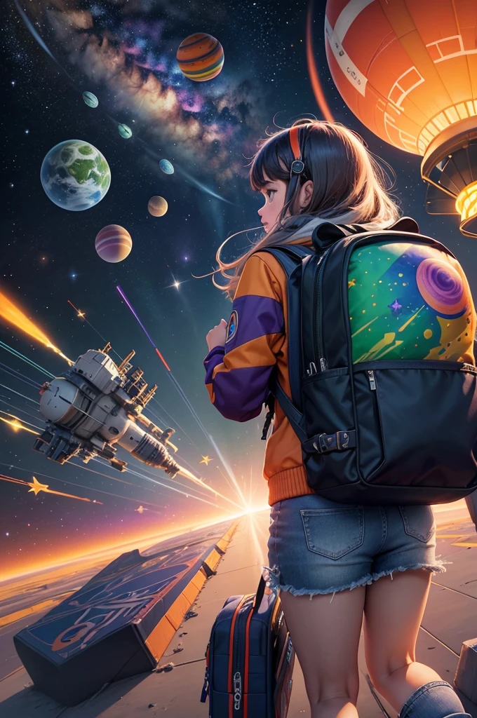 digital art of a stylized rocket taking off, surrounded by colorful planets and stars, include backpacks, pencils, pens, rulers, glue, eraser, scissors, school supplies. use colors: dark blue, orange, purple and green.