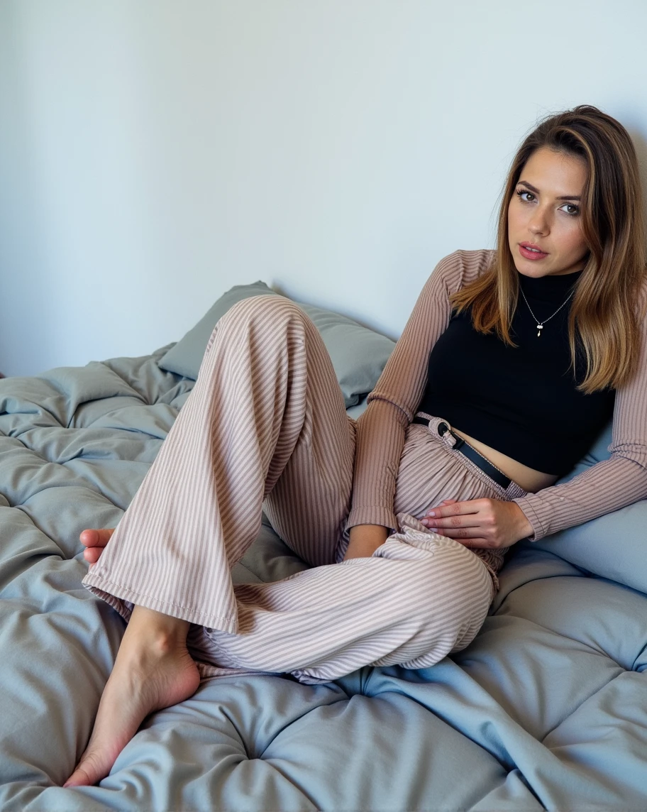 Beautiful 18-year-old woman sitting on a bed, Brown hair