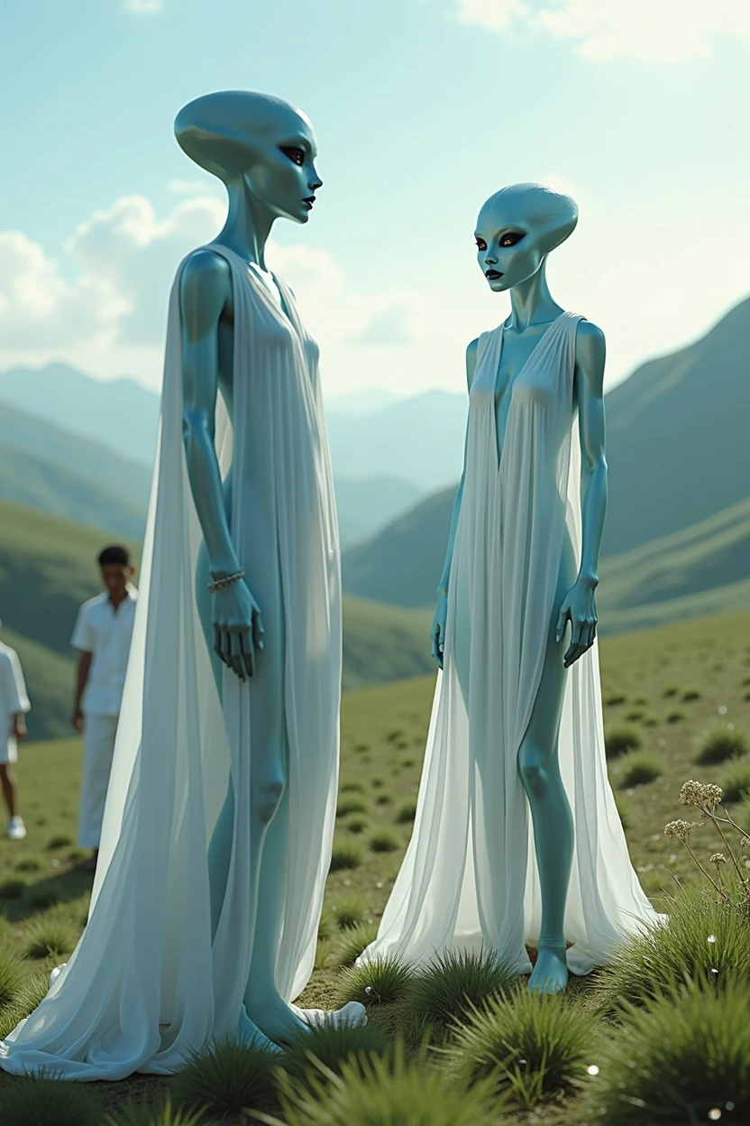 create a representation of the Arcturian extraterrestrial beings, that possess healing power and are beings considered celestial or of light, Retrate some of them looking ahead, as in a first peaceful contact with Earth, they must be endowed with great diplomacy and intelligence, must be tall beings, with soft blue skin and big black eyes, Create images that are androgynous and covered in white cloaks 
