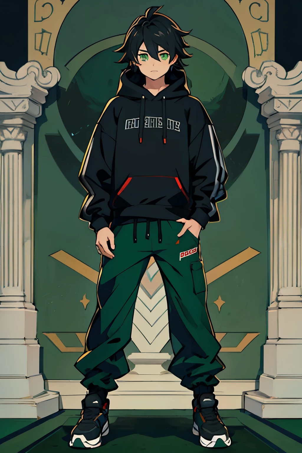 masterpiece, 8k, anime boy, black sweatshirt, hair black, green eyes, blue pants