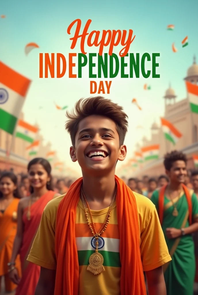 A real 20-year-old boy joyfully celebrates Indian Independence Day. He is wearing traditional Indian outfits with the name "Honey" written on his attire. Above him, in the sky, the words "Happy Independence Day" are displayed in a bold font. The backdrop is filled with people celebrating, enhancing the festive and patriotic spirit of the day.
