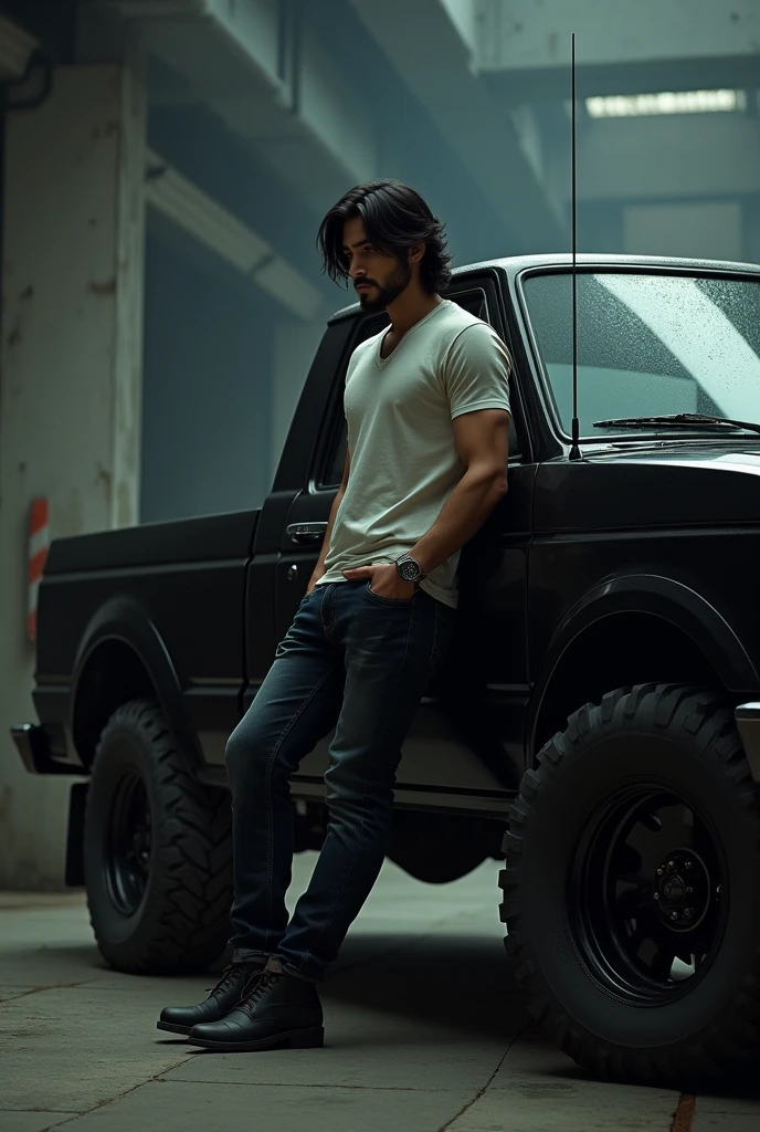 Young Japanese man with long hair and beard leaning against a black pickup truck