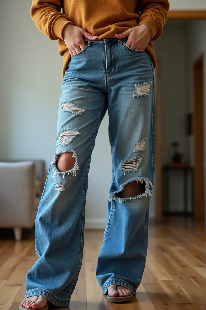 Peeing her pants, big wet stain on jeans.