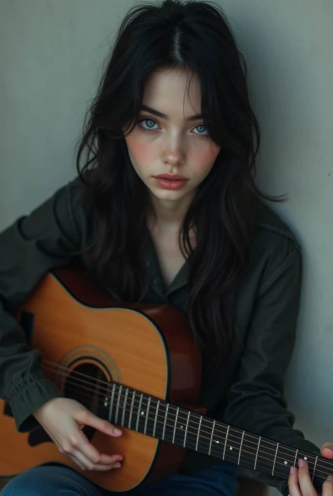beautiful girl sitting with guitar Blue Eyes black areas