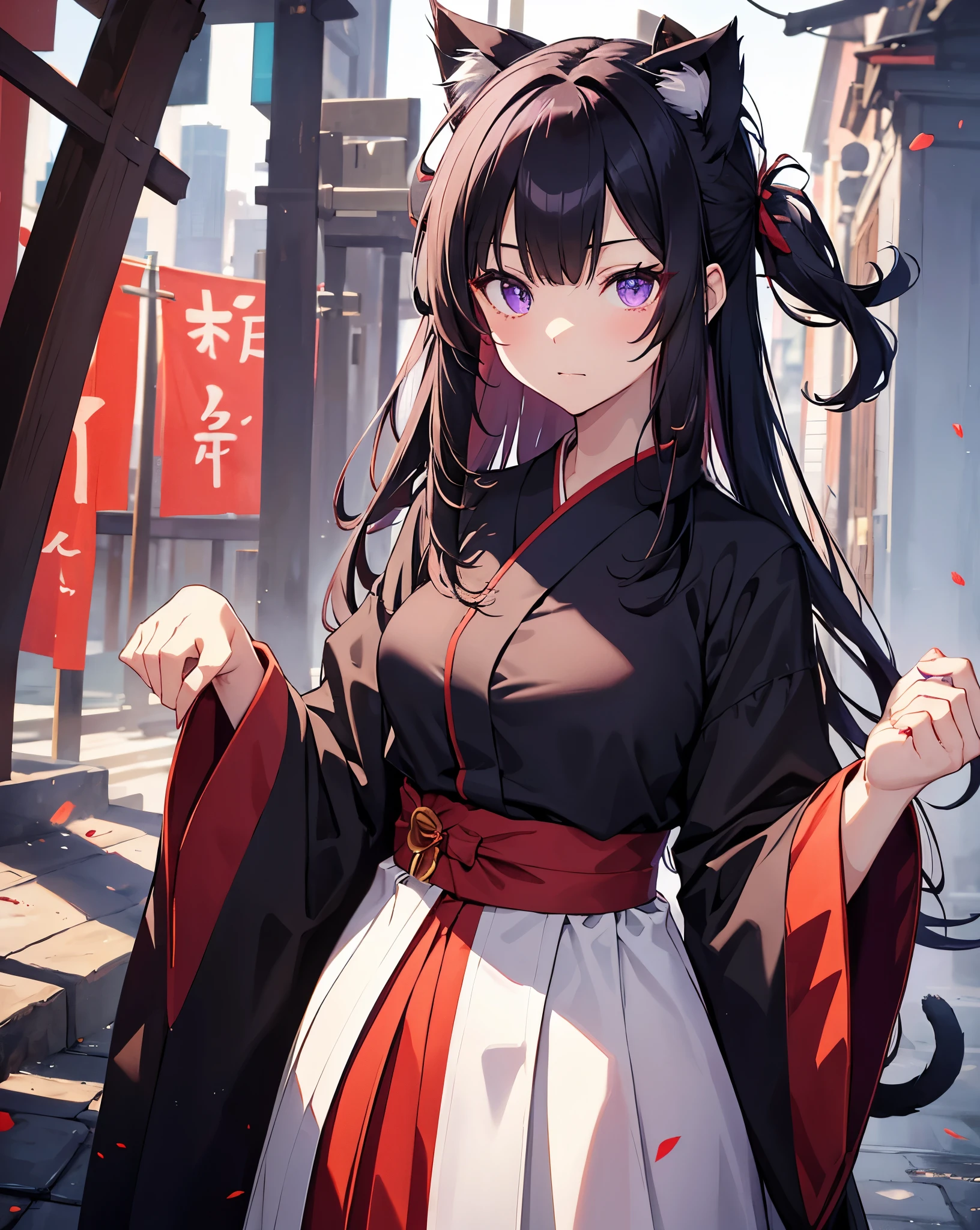 Face shot, Eyes macro, 1 anime catgirl, black cat ears, neko ears, with long black hair tied back, Two small tufts of hair in front, wearing a traditional white blouse with voluminous sleeves and a high collar, paired with a long red skirt that has a bow at the waist. The character is in a standing pose and has an elegant and refined appearance. She has accent purple eyes, detailed anime eyes, she is the shrine priestess. She has a cat pose. red hakama and white kimono. Slim waist. She is in a shrine. Red high skirt.