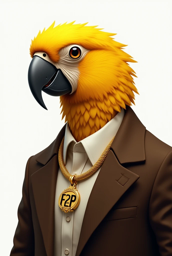 Create a man with the face of a yellow macaw, without showing much of the neck, turned slightly to the left, with black cap, wearing a dark brown overcoat and a white shirt and with a large gold necklace that says F2P. The image background can be white and the image can be a bit cartoonish.. I want the image with very detailed touches