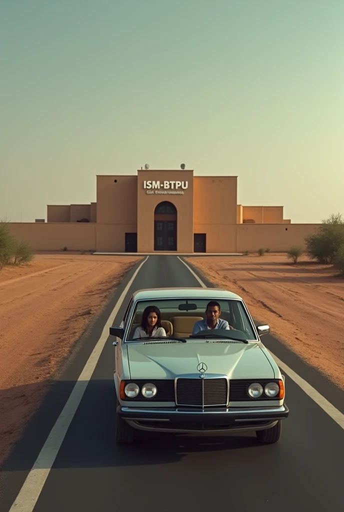 A dark-skinned young man is driving the car with his wife who wears corrective glasses, they are traveling in Mauritania and their beautiful young daughter is riding in the back. 
They are passing by an institute that teaches civil engineering called "ISM-BTPU", Where they used to study in the past and felt nostalgic as they looked at it .
This institute is five kilometers away from the Mauritanian city of Ak. It consists of classroom buildings and is surrounded by brown walls..
This institute is the only building in that area and it is a little far from the sidewalk on the left side..
The pavement is black with white lines and there are no trees, so the pavement and the institute are far away.
The wife is Muslim.
The institute has "ISM-BTPU" written on it.
It is large.
Then the wife starts to beat her husband severely.
