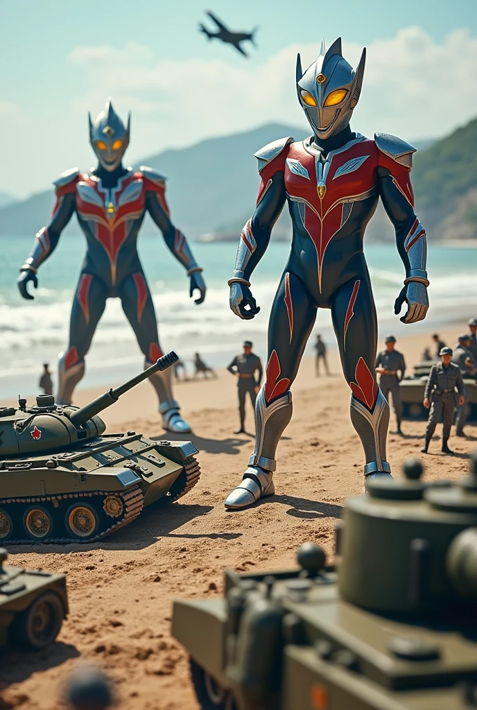 ultraman nexus tiga very high attack at army . army day bomb . sea, beach . everywhere lot of soldier in battlefield.world war 2. tilt shift photography. lot of war. tank.aircraft 1940. air drop