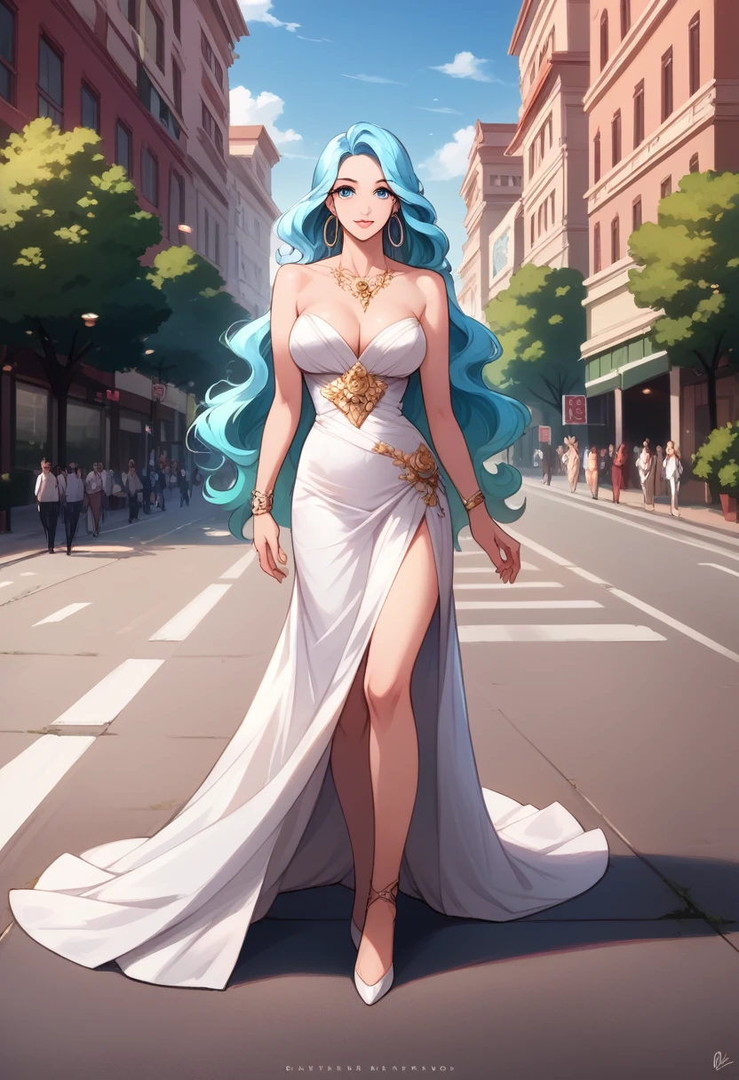 Goddess ((goddess-like Woman)), elegant silhouette, masterpiece, best quality, sweet Face, long hair, (masterpiece:1,2, best Quality), (real picture, intricate details), (1 lady, solo, big tits), colorful silver hair, big blue eyes, long hair, bracelet, hoop earrings, jewelry, beautiful Face, beautiful eyes, looking at the viewer, sweet irresistible smile, elegant pose, Elegant hands, beautiful hands, perfect fingers, long perfect legs, Background: She is a CEO and is at an IT presentation event lots of people on the road, Business event, business meeting, Presentation of the latest products