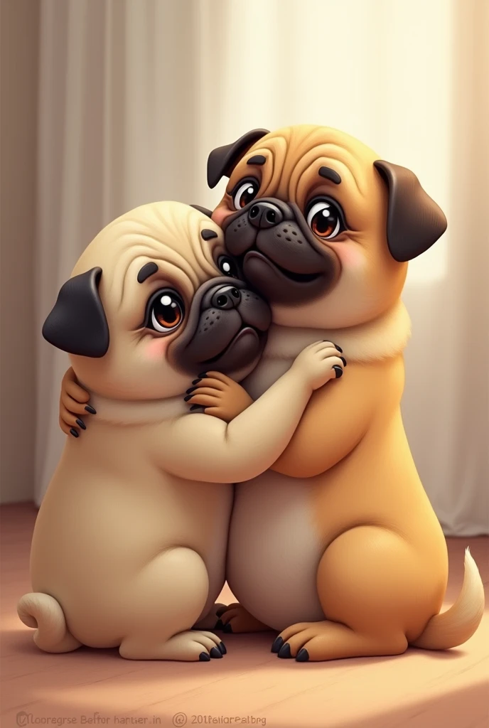 A female pug dog hugging a female English bulldog dog