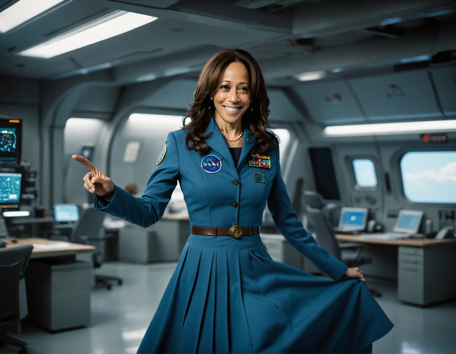 85mm photograph of a Shy, Compassionate, kind, empathic, happy, long haired, beautiful and attractive woman, Sapphic Space Lesbian Kamala Harris is fixing spaceships, exploring space, investigating anomalies, doing scientific R&D, attending council meetings, conducting espionage, conducting archeological excavations, investigating astral rifts, wearing her (long pleated full circle skirt), uniform jacket and (woman's low heel office shoes), (pronounced (feminine) features), (very windy), skirt is flowing wildly in the wind, lesbian space station, sci-fi, skirts in space, loves women wearing skirts, wants to kiss girls, loves skirts, women wearing skirts, loves skirts, empathy, compassion, romance and love, (pronounced (girly) features), (highly detailed ultra accurate realistic) hands and fingers, (windy), epic composition, highly detailed attributes, (35mm f1.4 Kodak portra 400 photograph), extremely high quality RAW photograph, highly detailed atmosphere, sci-fi, cinematic shot, dynamic lighting, 75mm, Technicolor, Panavision, cinemascope, sharp focus, fine details, 8k, HDR, realism, realistic, key visual, film still, superb cinematic color grading, depth of field 