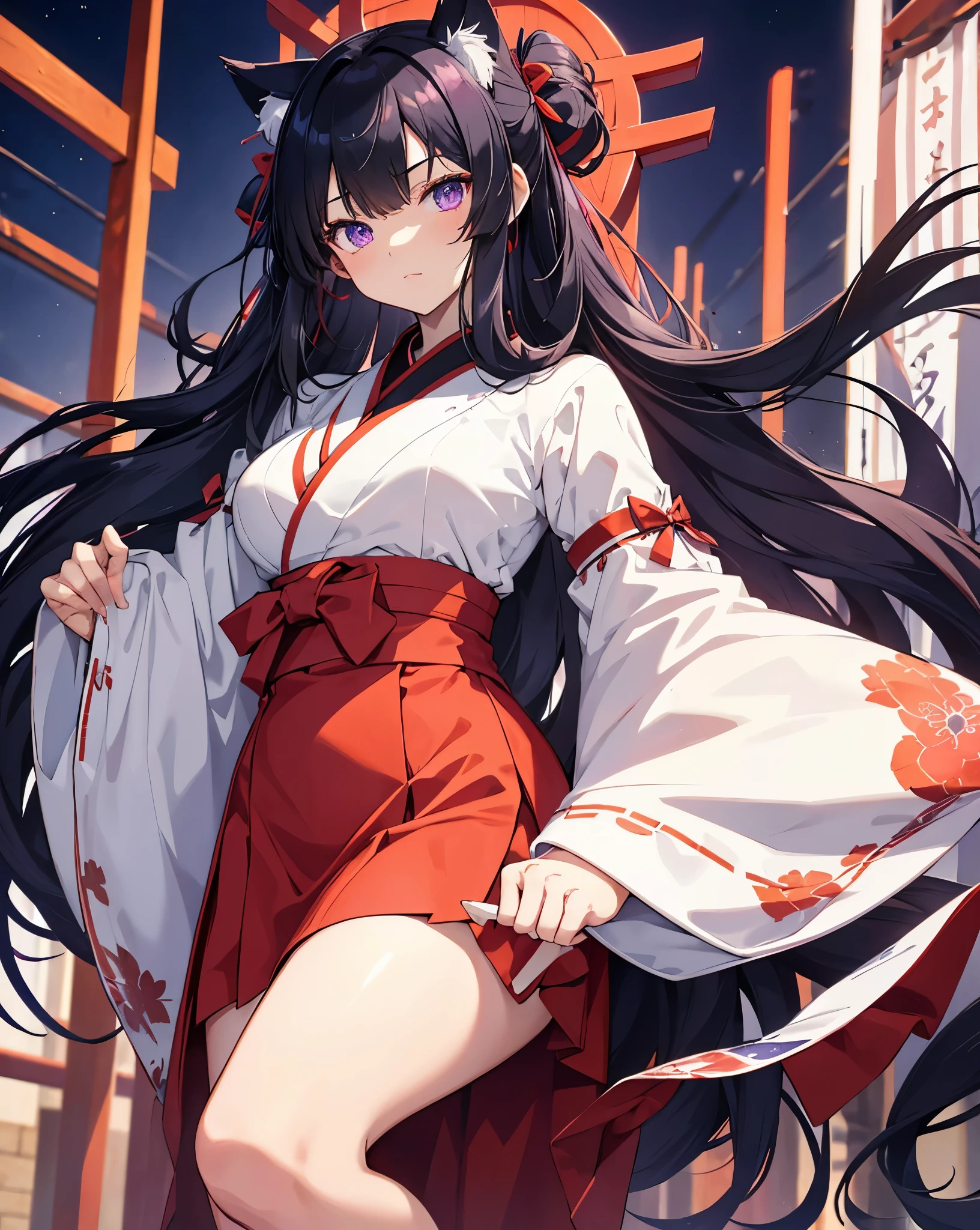 Face shot, Eyes macro, 1 anime catgirl, black cat ears, neko ears, with long black hair tied back, Two small tufts of hair in front, wearing a traditional white blouse with voluminous sleeves and a high collar, paired with a long red skirt that has a bow at the waist. The character is in a standing pose and has an elegant and refined appearance. She has accent purple eyes, detailed anime eyes, she is the shrine priestess. She has a cat pose. red hakama and white kimono. Slim waist. She is in a shrine. Red high skirt.