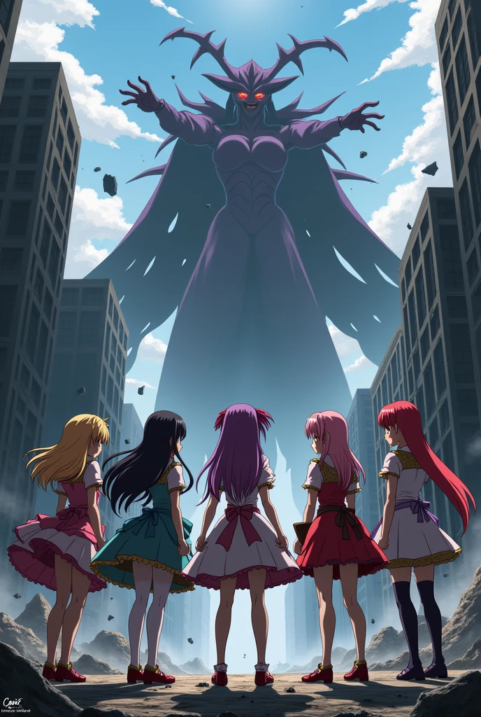 Mami tomoe, madoka kaname, homura akemi, sayaka Miki, Kyoko Sakura in a columne formation, the alrededors is in ruins an they have a battle with walpugirs natch