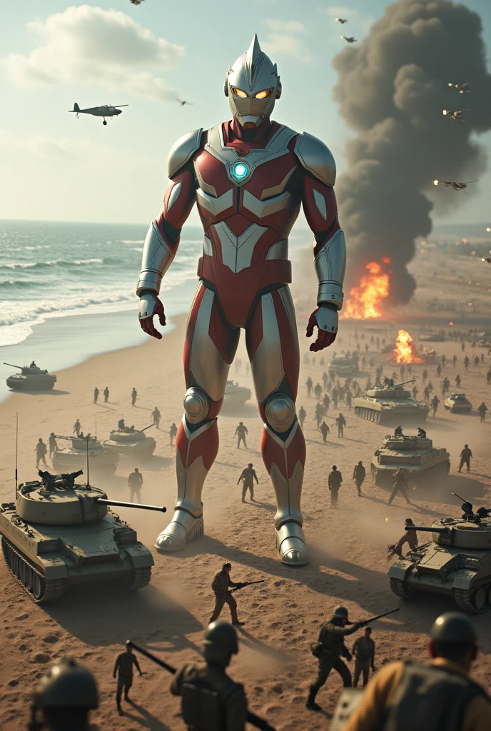 ultraman iron man way big very high attack at army . army day bomb . sea, beach . everywhere lot of soldier in battlefield.world war 2. tilt shift photography. lot of war. tank.aircraft 1940. air drop