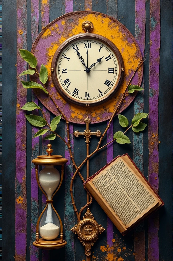 MAKE A VERY REALISTIC AND EXCELLENT QUALITY COLLAGE COMPOSED OF OBJECTS THAT REPRESENT TIME, HOW TO CLOCK, plant, hour glass, bible, BRINGING A REPEATED AND ABSTRACT ART AND A BIBLICAL REFLECTION, with striking colors using a purple palette, yellow and green