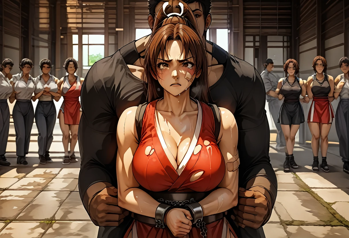 mai shiranui, Hug with Muscle wrestler、score_9, score_8_upper, score_7_upper, score_6_upper, score_5_upper, score_4_upper、Inspired by Japanese manga style, Manga style, How to draw manga, Digital drawing, An 8K masterpiece depicting a Japanese manga about girls in their twenties, Act as a slave, Anguished expression, A gesture of defeat, Torn clothes and black jilbab, Hands restrained by chains, spread, Sit upright on the stone pavement. Surrounded by a crowd of women. Face full of scars、Skin shiny with sweat、、 crying wet bursting out eyes, real tears streaming down face, ultra-detailed eyes,,expression of despair,Illumination that emphasizes shiny sweat{{{Spread }}},Infuriated, bandaid on face,tatteredclothing