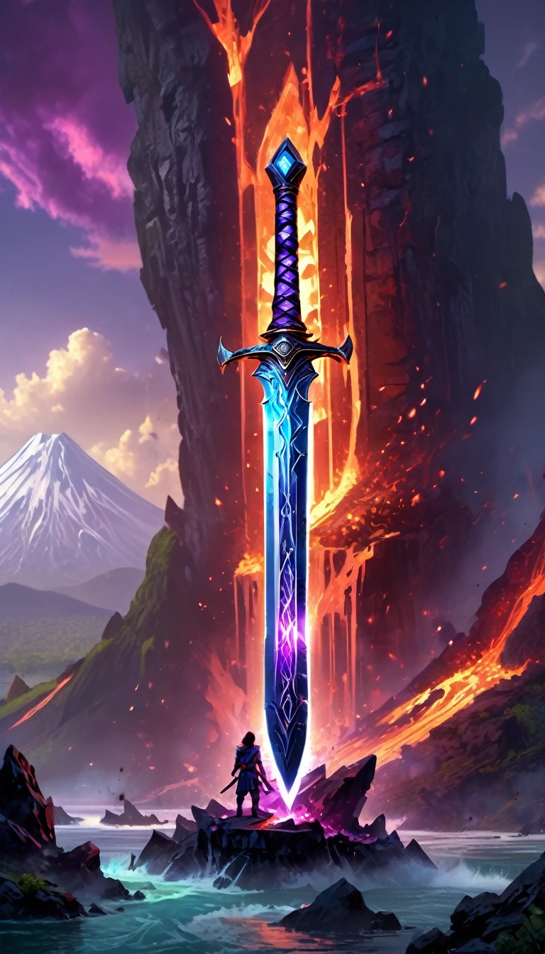 an giant sized sword surrounded with blue flame  stands on its point in volcano, a masterful sword made from diamond, epic sword, divine sword, (mountain sized sword: 1.5), its glistening in the sun, it has many facets, purple flames surround it GlowingRunesAI_purple, it stands in a pool of lava in a volcano, fantasy volcano background, sun rays, divine rays, high quality, landscape, lava land,  (best details, Masterpiece, best quality :1.5), ultra best realistic pictures , best details, best quality, 16k, [ultra detailed], masterpiece, best quality, (extremely detailed), ultra wide shot, photorealism, depth of field, diamondWM, rpg portrait
photograph