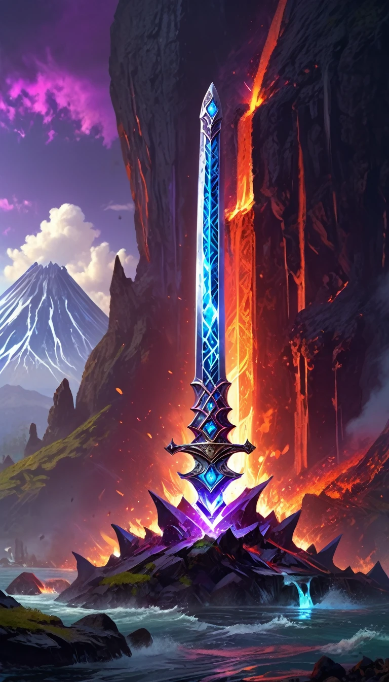 an giant sized sword surrounded with blue flame  stands on its point in volcano, a masterful sword made from diamond, epic sword, divine sword, (mountain sized sword: 1.5), its glistening in the sun, it has many facets, purple flames surround it GlowingRunesAI_purple, it stands in a pool of lava in a volcano, fantasy volcano background, sun rays, divine rays, high quality, landscape, lava land,  (best details, Masterpiece, best quality :1.5), ultra best realistic pictures , best details, best quality, 16k, [ultra detailed], masterpiece, best quality, (extremely detailed), ultra wide shot, photorealism, depth of field, diamondWM, rpg portrait
photograph