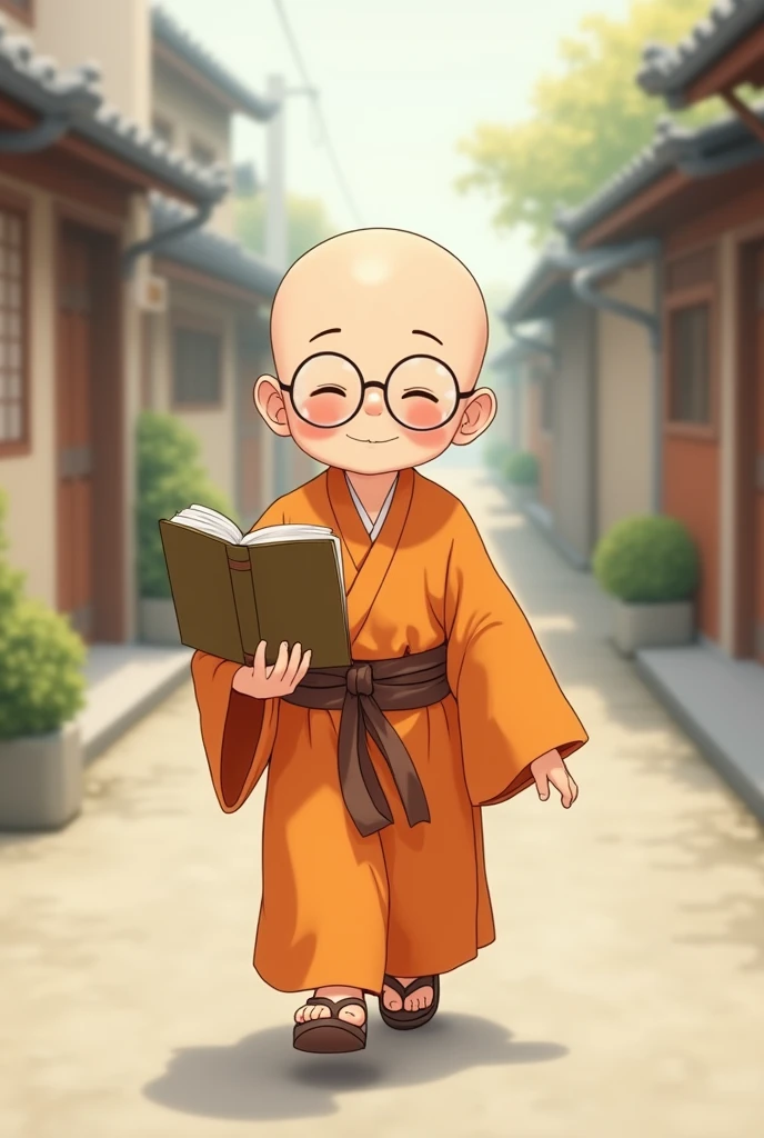 cute little people, closed eyes japanese, Grinning, with glasses , walking down the street alone, wearing the orange monk's robe and brown belt, baldie.
with glasses e somente um caminhando na rua com um livro na mao.
sandals on her feet
smile
closed eyes and sunglasses
