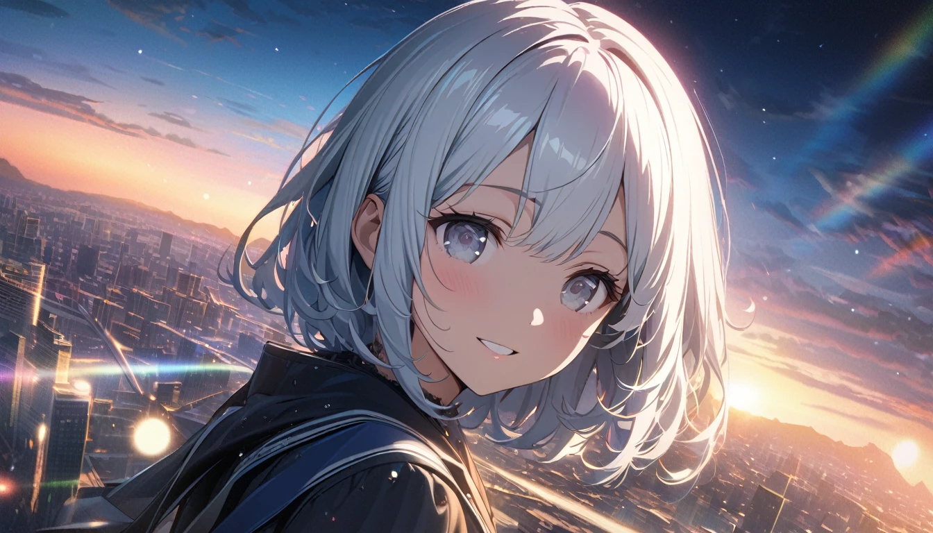 ((ultra-detailed))/(one women with short white hair and bob hair.、beautiful silver eyes,.、smile、gentle smile on her face、flat chest, one Beautiful girl,((masterpiece, illustration, best quality) ((ultra-detailed))/),Angelic, sunrise, rainbow, after the rain, horizon, in the sky, city,,濃い青とBeautiful Blueのグラデーション, High resolution, 8K HD detail, hyper-detail, cinematic, surrealism, soft light, deep field focus bokeh, ray tracing and surrealism. --v6'