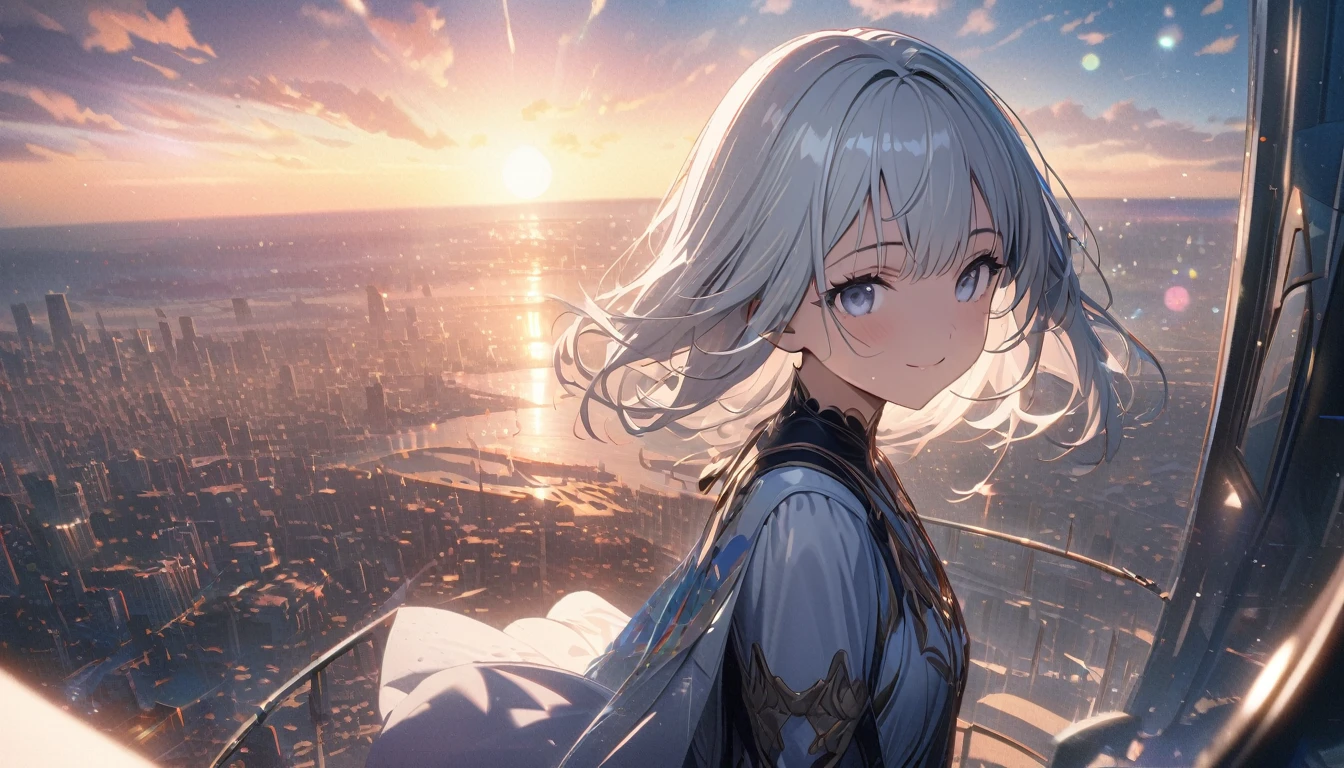 ((ultra-detailed))/(one women with short white hair and bob hair.、beautiful silver eyes,.、smile、gentle smile on her face、flat chest, one Beautiful girl,((masterpiece, illustration, best quality) ((ultra-detailed))/),Angelic, sunrise, rainbow, after the rain, horizon, in the sky, city,,濃い青とBeautiful Blueのグラデーション, High resolution, 8K HD detail, hyper-detail, cinematic, surrealism, soft light, deep field focus bokeh, ray tracing and surrealism. --v6'