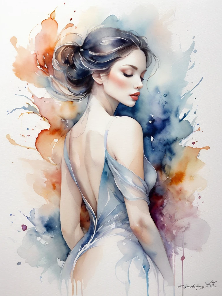 Beautiful woman in a stunning depiction of delicate watercolor art that celebrates sexy femininity and sensuality. Through skillful use of soft colors and fluid shapes, she creates a fascinating visual experience that captures the essence of her subjects. Bak's depiction of the female body and intimate emotions is done with tenderness and subtlety, resulting in a work of art that is both captivating and evocative. His ability to fuse the sensual and the poetic into ethereal creations is truly remarkable and makes his artwork a must-have for art enthusiasts who appreciate the beauty of the human form and the power of emotions.