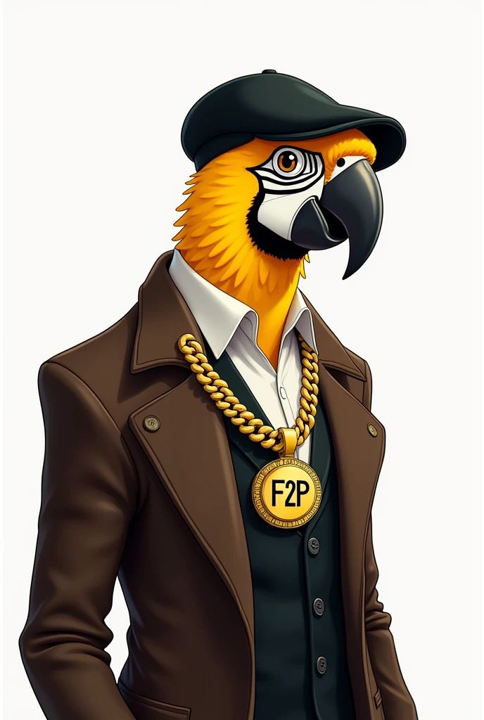 Create a man with the face of a yellow macaw, without showing much of the neck, turned slightly to the left, with black cap, wearing a dark brown overcoat and a white shirt and with a large gold necklace that says F2P. The image background can be white and the image can be a bit cartoonish.. I want the image with very detailed touches