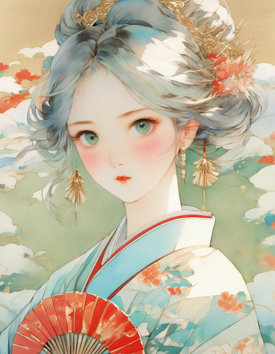 a girl with black eyeshadow and wide blue-green eyes, in the style of miho hirano and akihito yoshida, holding chinese paper fans, close-ups, red and gold, chinese white hanfu, narrative diptychs --ar 3:4 --niji 5 --style expressive --niji 5 --style expressive  --niji 5 --style expressive