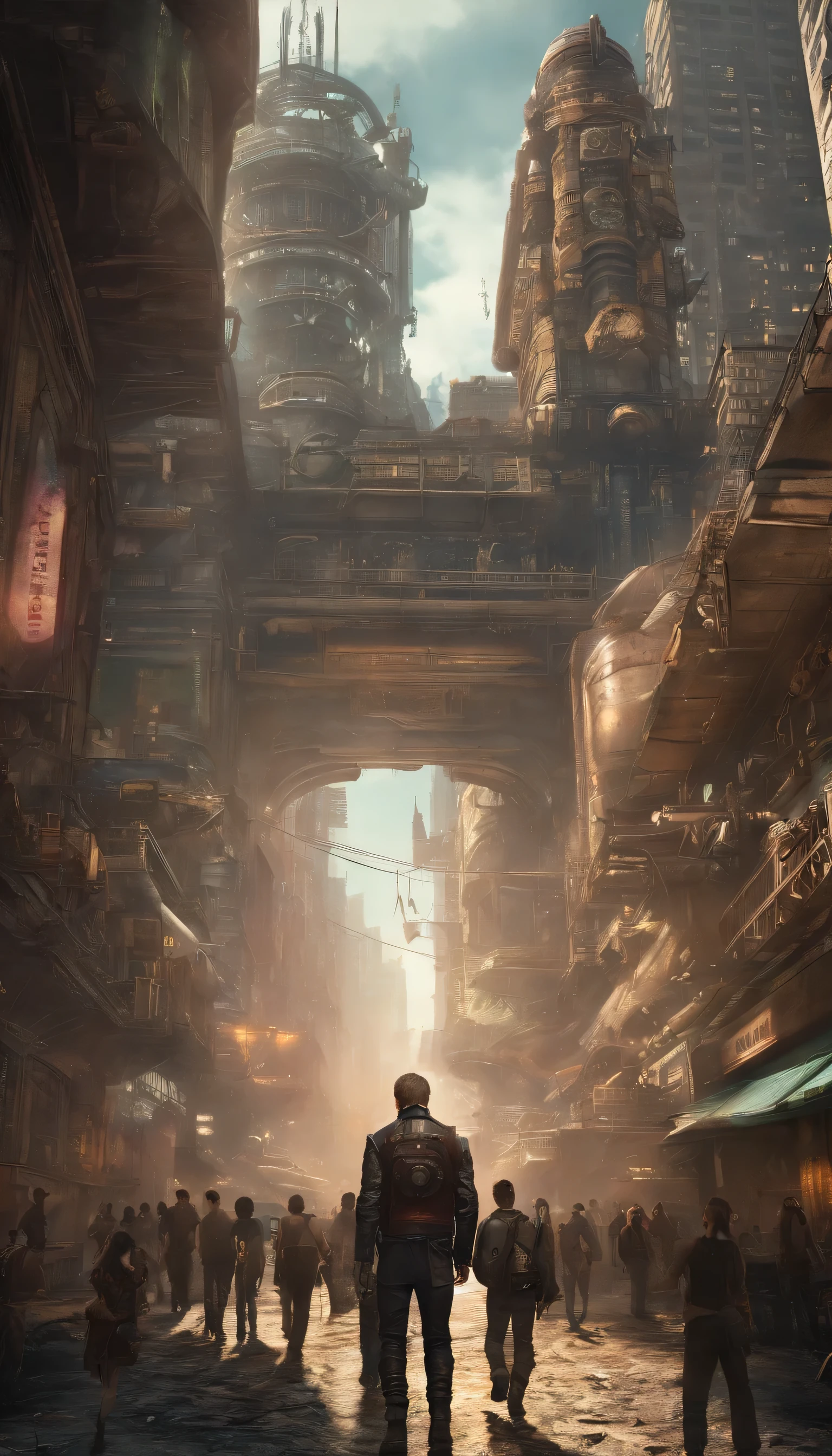 a group of people standing on top of a tall building, tekkon kinkret, tekkonkinkreet, tekkon kinkreet), brown cloak, scene from the movie Bladerunner, coruscant, diesel punk, cloudpunk, solarpunk style, platform science fiction, post-apocalyptic coruscant, Solarpunk,a group of people walking on an old cyberpunk street with a machine castle in the background of steampunk city,ancient cyberpunk city, old steampunk, matte painting, fantasy matte, gorgeous matte paintings, epic cinematic,View from below.bioshock style,steampunk Bioshock.