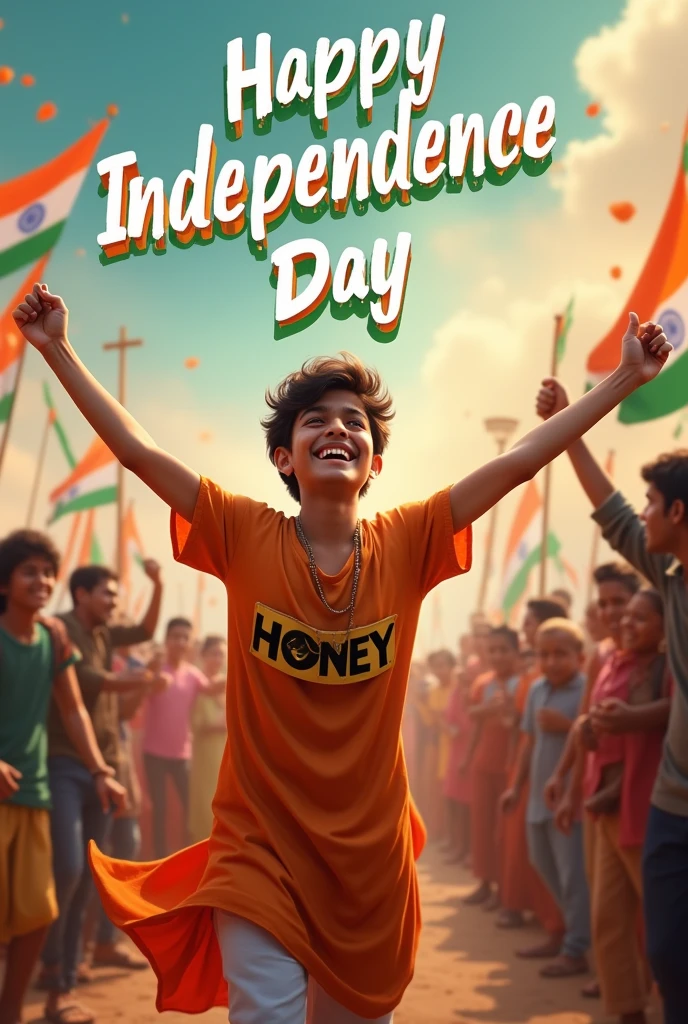 A 3D 25-year-old boy joyfully celebrates Indian Independence Day. He is wearing traditional Indian outfits with the name "Honey" written on his attire. Above him, in the sky, the words "Happy Independence Day" are displayed in a bold font. The backdrop is filled with people celebrating, enhancing the festive and patriotic spirit of the day.