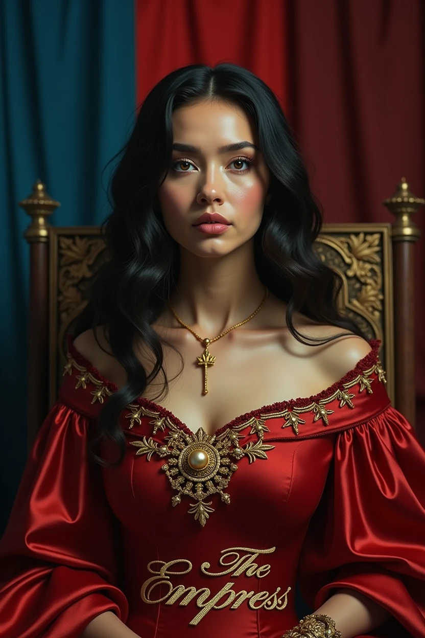 The woman's dark hair cascades down her back in soft, flowing waves, with a few strategically placed strands framing her heart-shaped face. Her piercing brown eyes, flecked with warmth and authority, gaze off to the side, a subtle furrow creasing her brow as if pondering a weighty concern. A delicate golden rosary adorns her slender neck, and an ornate gold brooch glints on her shoulder, its intricate design echoing the pattern on her dress. A resplendent crimson cape, embroidered with golden thread, cinches at her waist, filling the air with an aura of power and grandeur. The dark blue background, shot through with red highlights, serves as a dramatic backdrop to the throne, the words "The Empress" emblazoned in bold, gold-lettered script at its base. The scene is bathed in a warm, golden glow, courtesy of softbox lights positioned on either side of the frame, which casts a reassuring, regal atmosphere reminiscent of the Renaissance-era canvases of Caravaggio, as refurbished by Martin Scorsese's masterful cinematography. The image is shot on high-contrast film, with a subtle film grain and a color grade that leans toward a slightly desaturated, yet richly textured, aesthetic. The overall effect is an evocative tableau, inviting the viewer to step into an antechamber of power, where the bespectacled gaze of the empress is drawn to the edge of the frame, as if listening intently to whispers from a realm beyond. In this visually arresting, cinematically-infused narrative snippet, the viewer is imbued with a sense of awe and reverence, as if transported to the very throne itself, where the Empress awaits their approach, her eyes aglow with the promise of wisdom, power, and mystery.