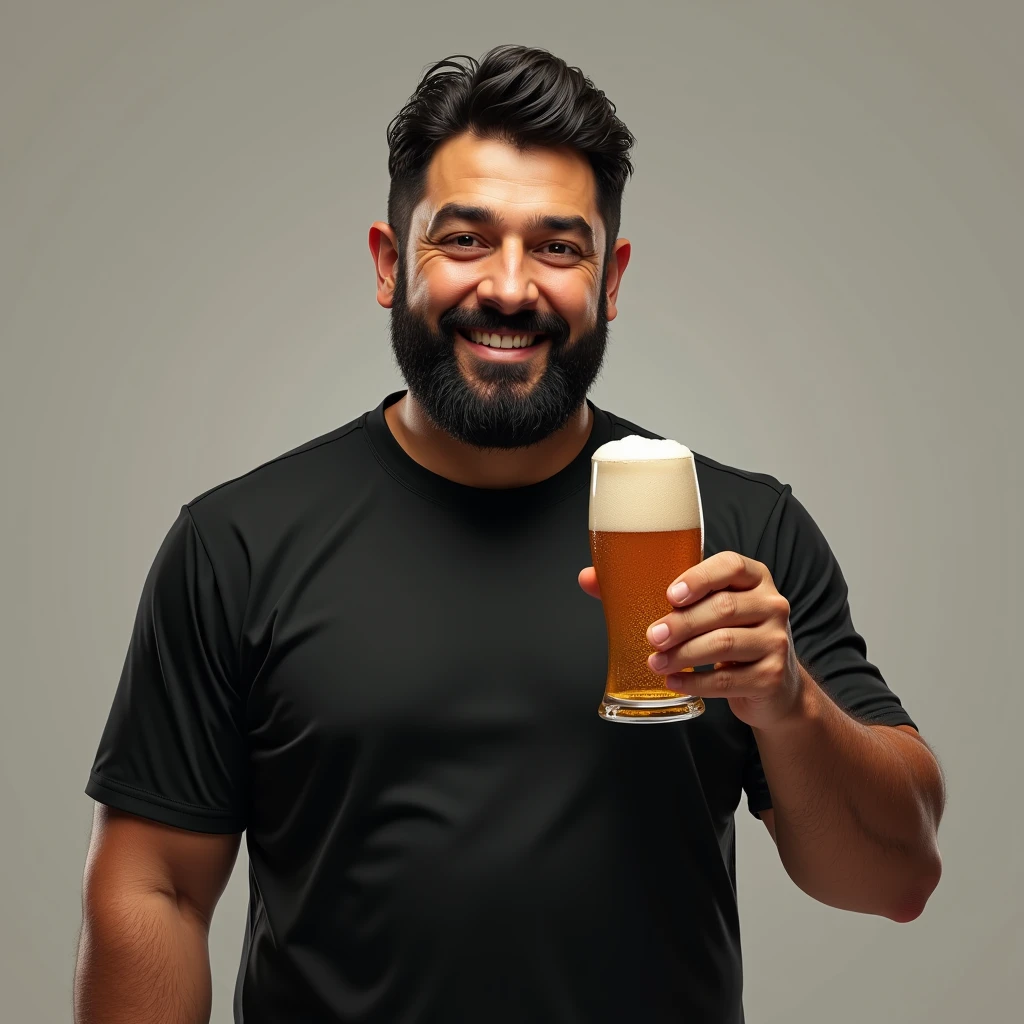 a dark-haired man of 39 years old, with dark hair, a bearded man, eyes black, black jersey, with a glass of beer in his right hand, happy face, be standing, focus on the beer glass. Very realistic, best qualityer. To stand, show full body.