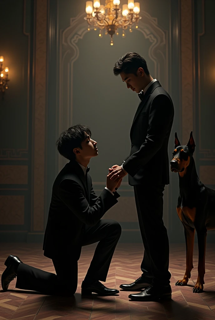(photorealism:1.2) Jungkook from the Korean pop group BTS, in a black suit kneeling in front of Taehyung from the Korean pop group BTS, Taehyung looks at Jungkook while he kisses his hand, Taehyung is wearing a black elegant suit, and next to him stands a Doberman. They are all in a large room, in dark tones, in the Art Nouveau style
