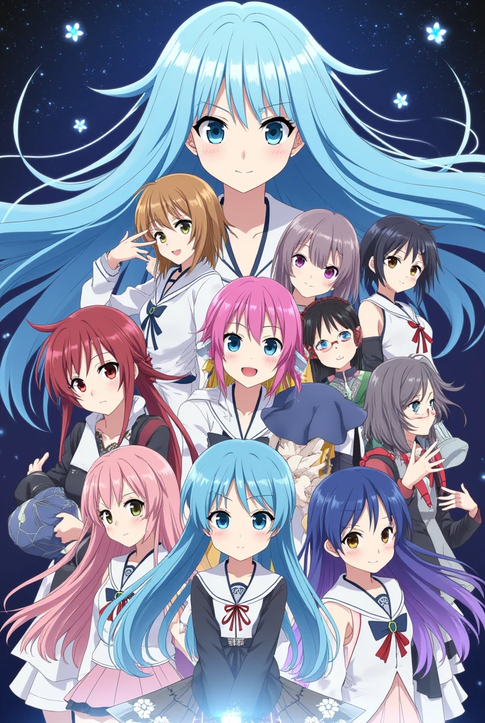 Create wallpaper where Miku Nakano appears,Itsuki Nakano,Megumin,Hinata Hyuga,Mitsuri Kanroji,Nezuko,Mikasa Akerman,Rei Ayanami,Tsukasa Tsukuyomi,Uzaki Chan,Shoko Komi,The goddess of water,yor forger