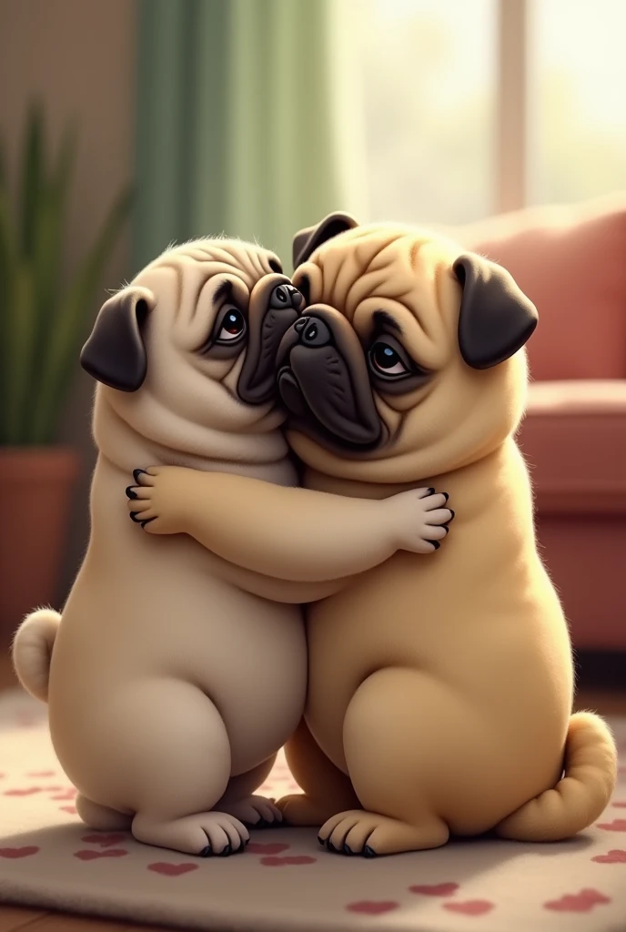 A pug dog hugging a English bulldog dog
