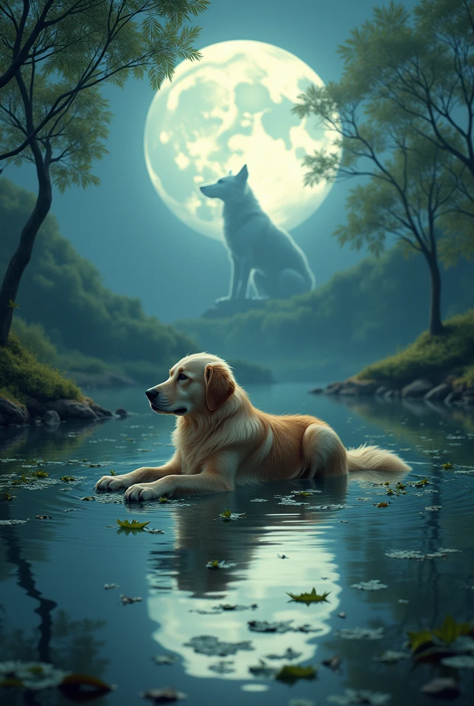 Make a lake, make it circular and in the middle there are leaves and a golden retriever lying down and in the water there is a reflection of a wolf which would be the reflection of the dog and in the background you can see the moon.
