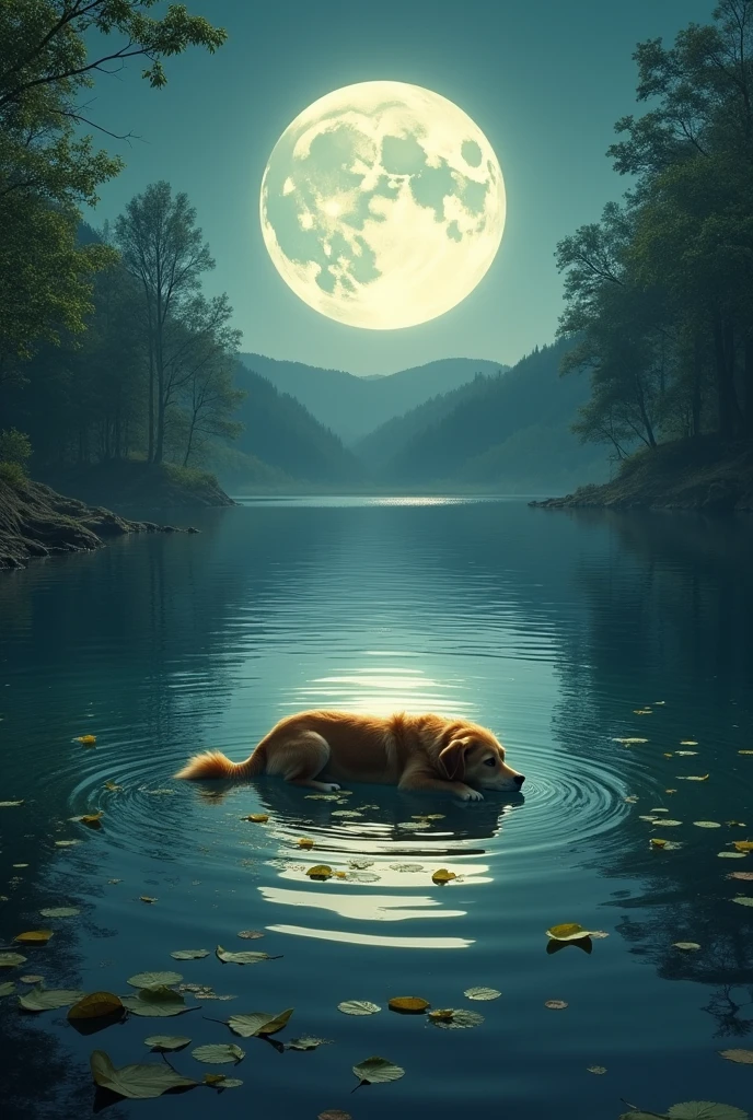 Make a lake, make it circular and in the middle there are leaves and a golden retriever lying down and in the water there is a reflection of a wolf which would be the reflection of the dog and in the background you can see the moon.