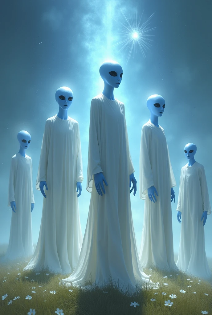 Create a representation of the Arcturian extraterrestrials, that possess healing power and are beings considered celestial or of light, depict some of them as in a first peaceful contact with Earth, they must be endowed with great diplomacy and intelligence, must be tall beings, with soft blue skin and big black eyes, Create images that are androgynous and covered in white cloaks 