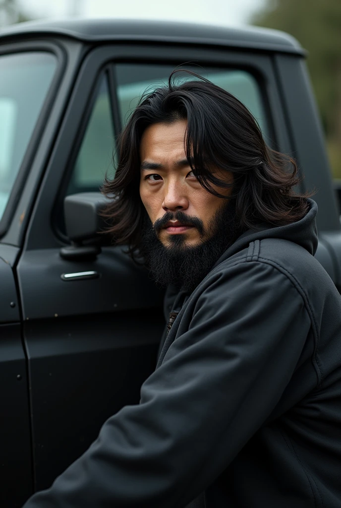 Young Japanese man with very long hair and beard leaning against a black pickup truck