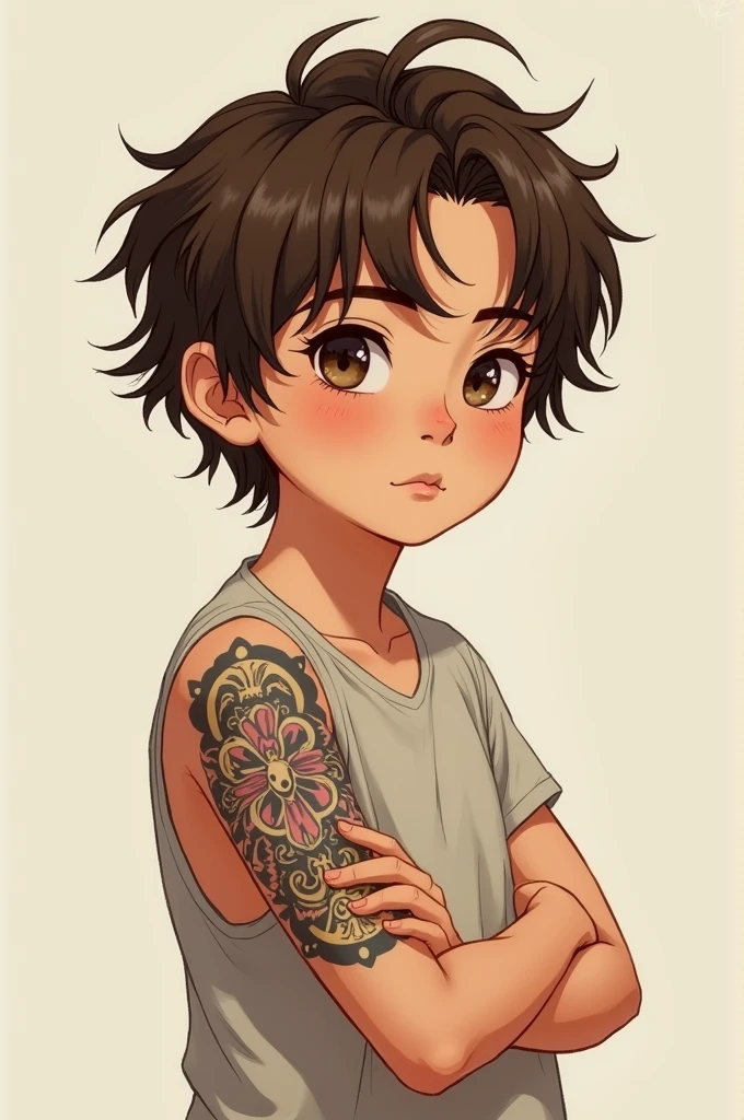 Create an illustration of a brown-haired boy with medium-length hair and a pukka tattoo on one arm.