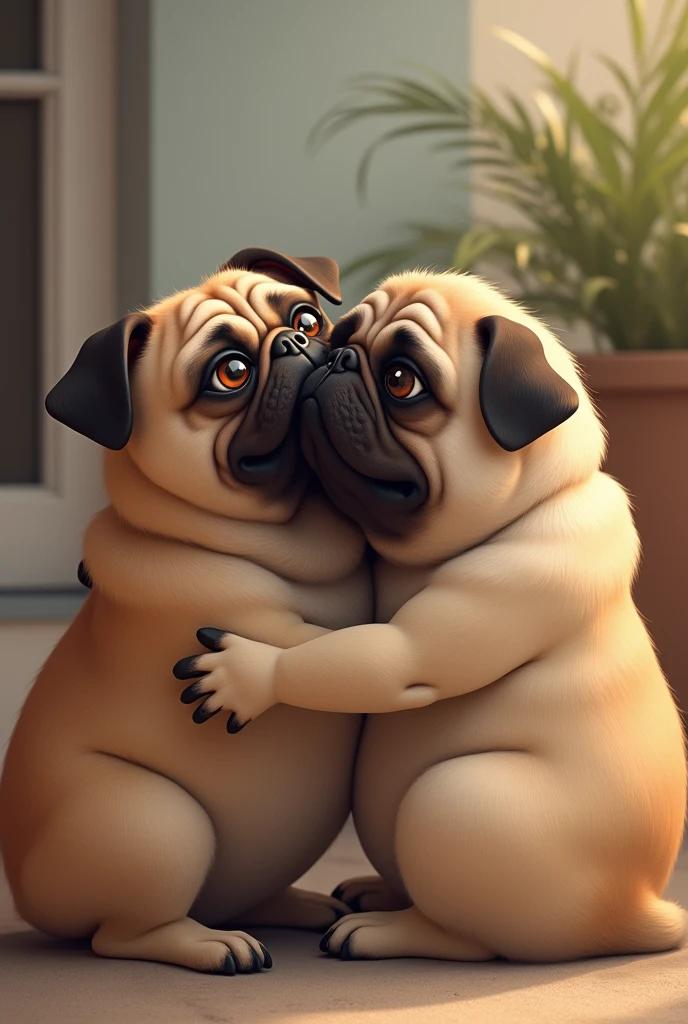 A pug dog hugging a English bulldog 