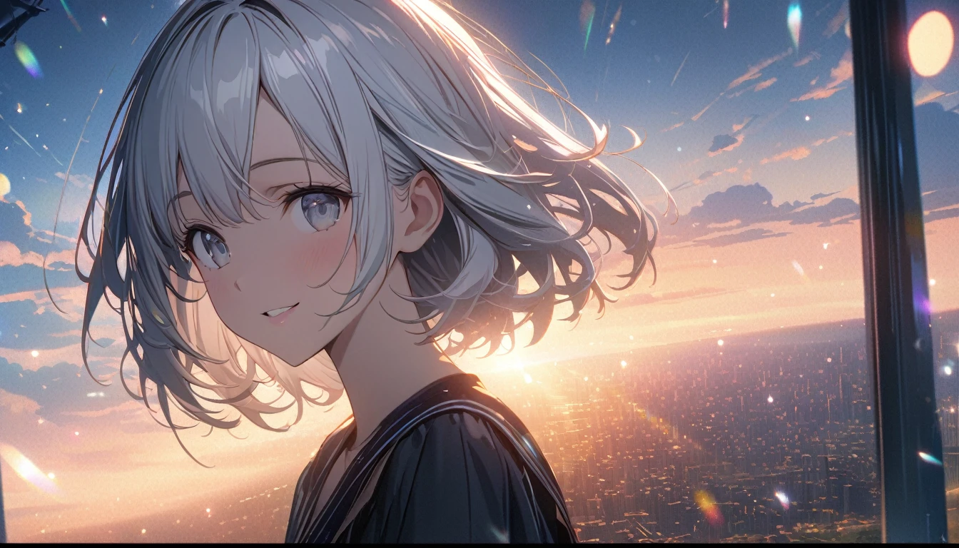((ultra-detailed))/(one women with short white hair and bob hair.、beautiful silver eyes,.、smile、gentle smile on her face、flat chest, one Beautiful girl,((masterpiece, illustration, best quality) ((ultra-detailed))/),Angelic, sunrise, rainbow, after the rain, horizon, in the sky, city,,濃い青とBeautiful Blueのグラデーション, High resolution, 8K HD detail, hyper-detail, cinematic, surrealism, soft light, deep field focus bokeh, ray tracing and surrealism. --v6'